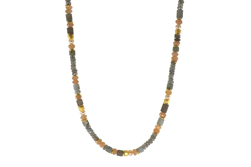 Labradorite, Peach Moonstone, Smoky Quartz and Natural Pearl Necklace 5mm 24K Fair Trade Gold Vermeil