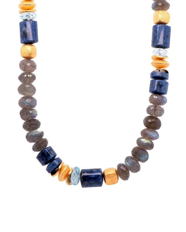 Polished Dumortierite , Sky Blue Topaz, Labradorite 8mm Necklace 24K Fair Trade Gold Vermeil