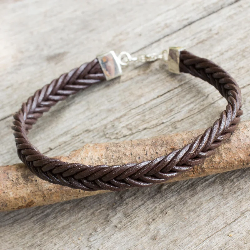 Assertive in Brown Thai Brown Leather Braided Bracelet with Silver Clasp