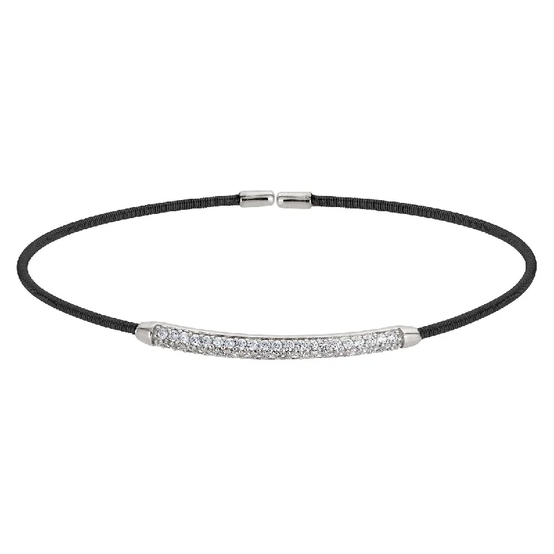 Bella Cavo Cubic Zirconia Bar Flexible Cuff Bracelet in Sterling Silver with Black Rhodium