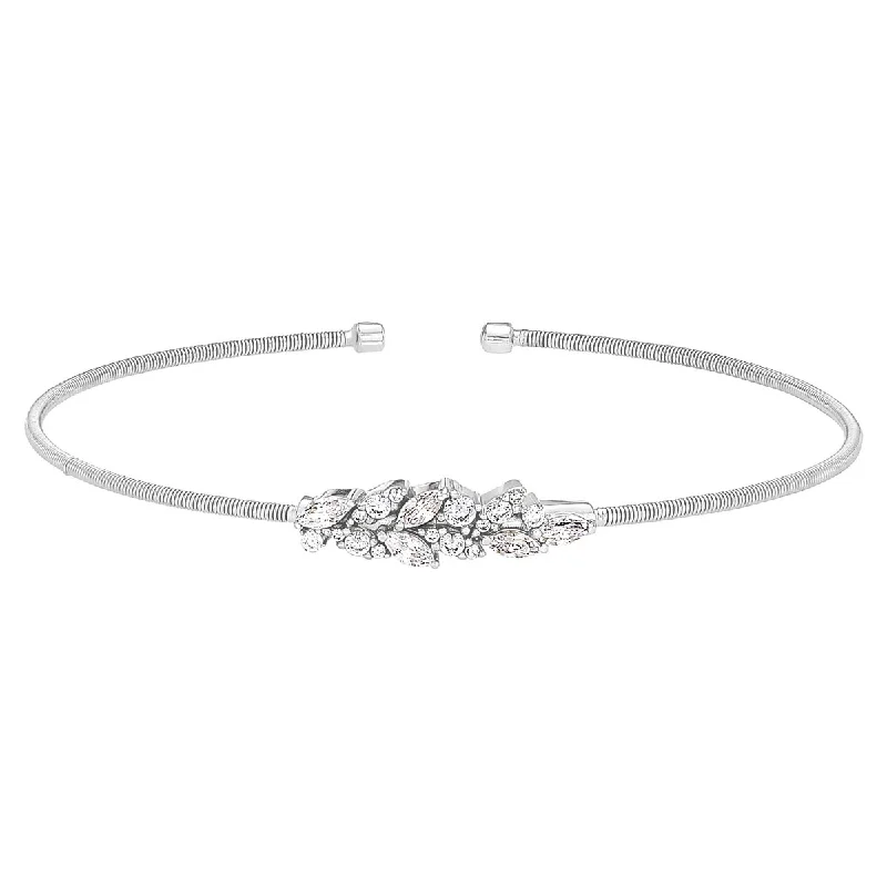 Bella Cavo Cubic Zirconia Flexible Cuff Leaf Bracelet in Sterling Silver