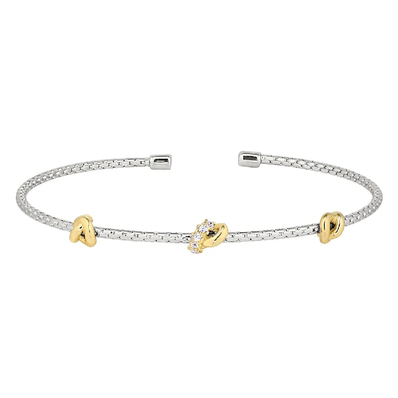 Bella Cavo Cubic Zirconia Knot Flexible Cuff Bracelet in Sterling Silver with Yellow Gold Plate