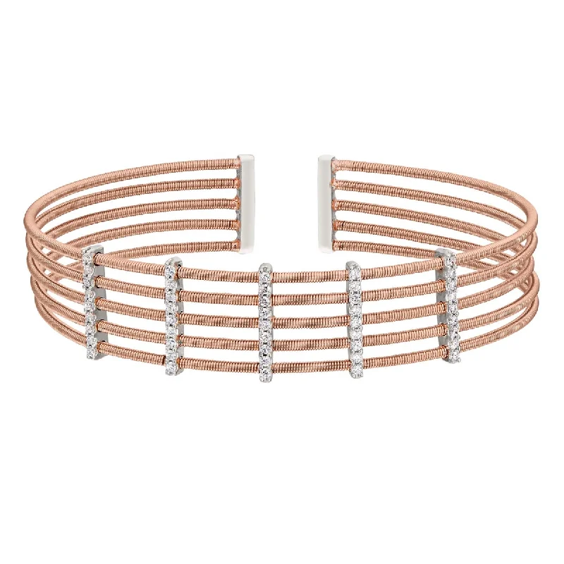 Bella Cavo Cubic Zirconia Multi Cable Flexible Cuff Bracelet in Sterling Silver with Rose Gold Plate