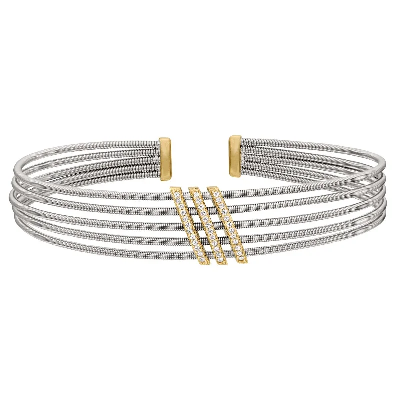 Bella Cavo Cubic Zirconia Multi Cable Flexible Cuff Bracelet in Sterling Silver with Yellow Gold Plate