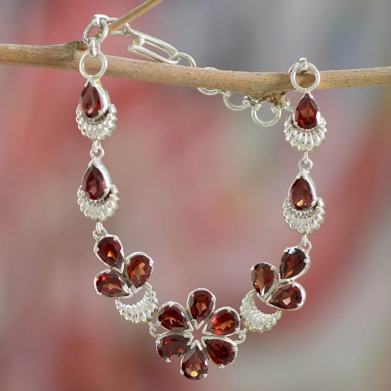 Cherry Blossom Floral Sterling Silver and Garnet Bracelet