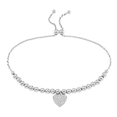 Cubic Zirconia Heart Bolo Bracelet in Sterling Silver