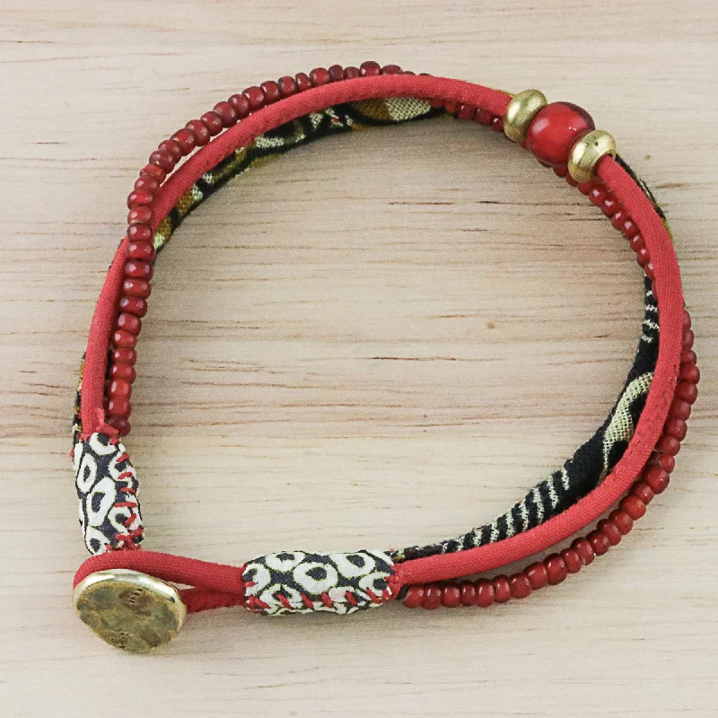 Raging Red Cotton and Glass Beaded Eclectic Boho Fabric Bracelet in Red