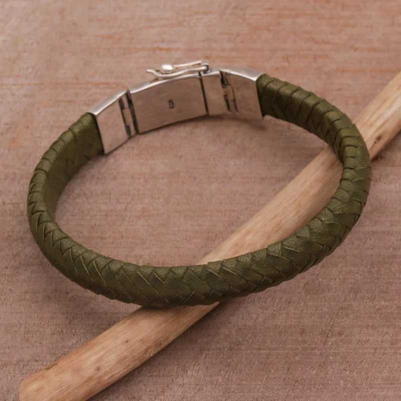 Shrine Weave in Green Green Leather Braided Wristband Bracelet from Bali